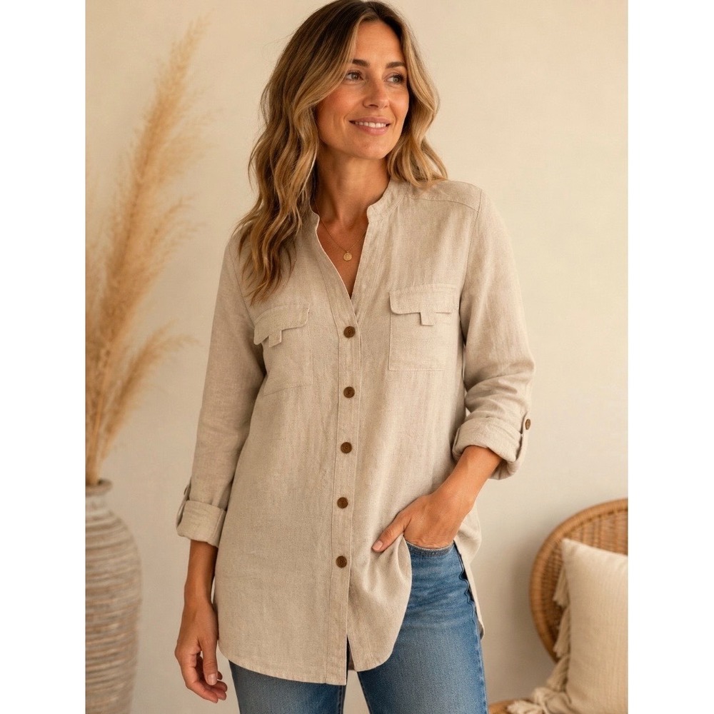Van Heusen Studio Women's Beige Linen Blend Button Down Tunic 3/4 Sleeve Top M